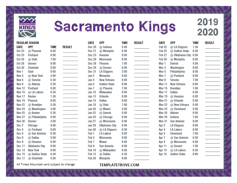 Printable 20192020 Sacramento Kings Schedule