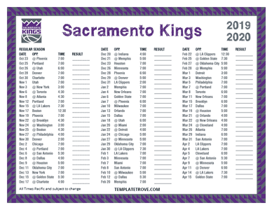 Sacramento Kings 2019-20 Printable Schedule - Pacific Times