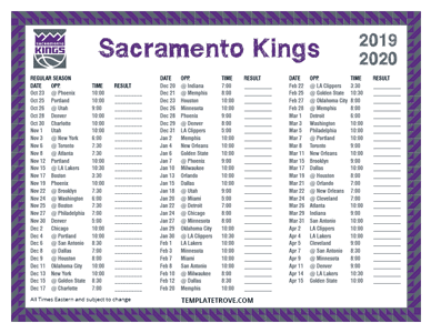 Sacramento Kings 2019-20 Printable Schedule