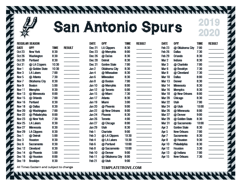 Printable 20192020 San Antonio Spurs Schedule