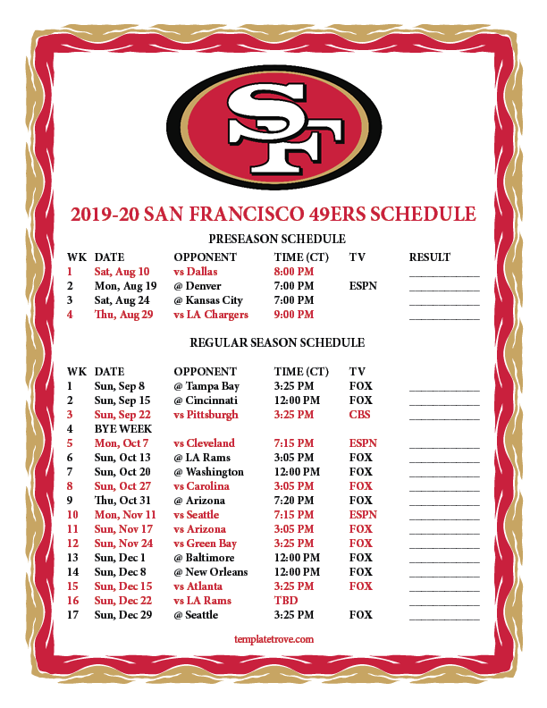 Printable 20192020 San Francisco 49ers Schedule