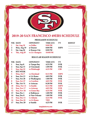 San Francisco 49ers 2019-20 Printable Schedule