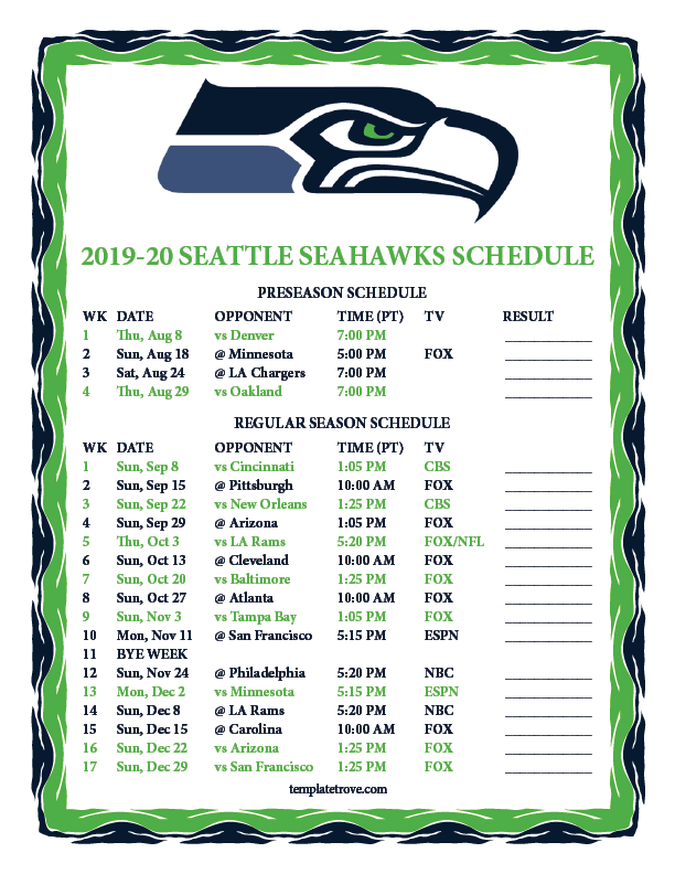 Printable 2019-2020 Seattle Seahawks Schedule