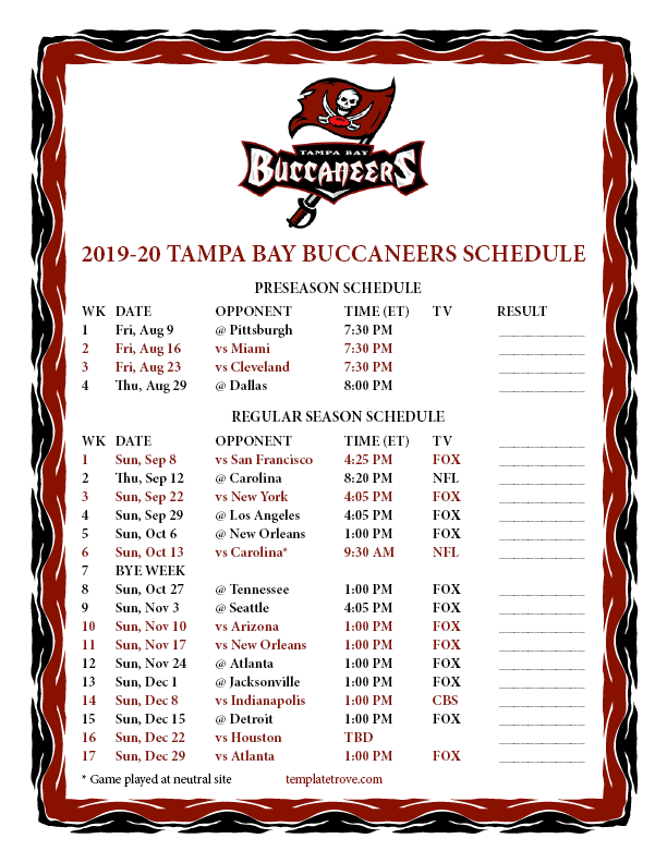 Tampa Bay Buccaneers Printable Schedule Printable Blank World