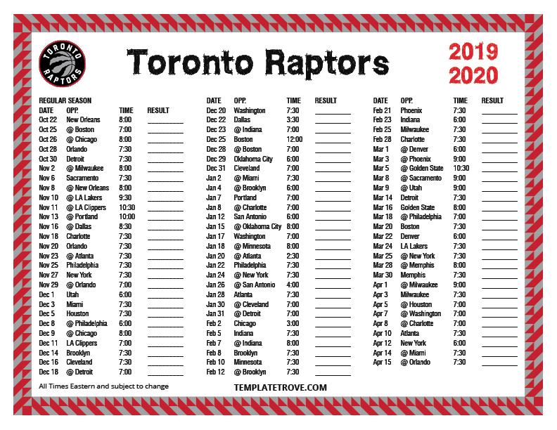 Printable 20192020 Toronto Raptors Schedule