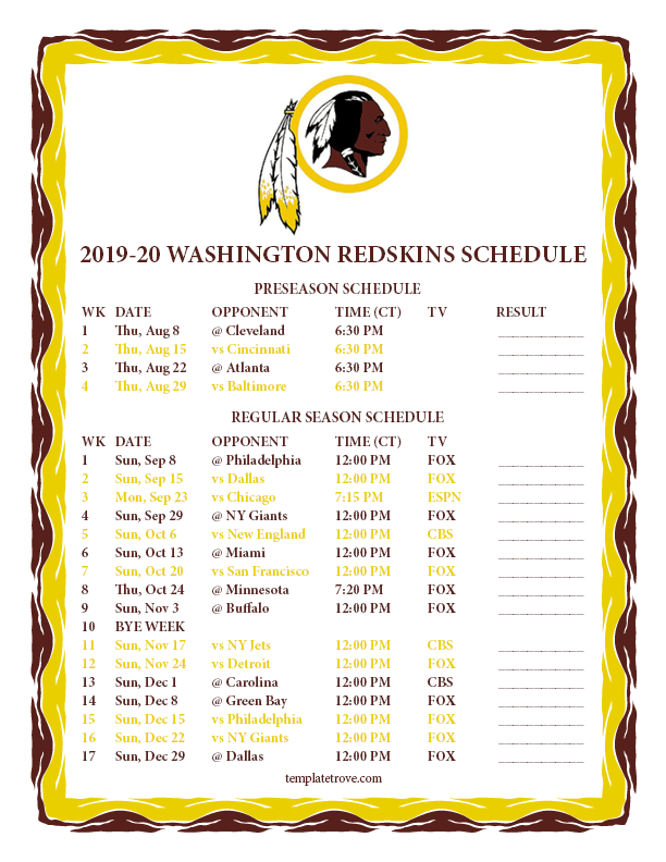 Printable 2019-2020 Washington Redskins Schedule