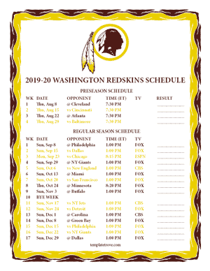 Washington Redskins 2019-20 Printable Schedule