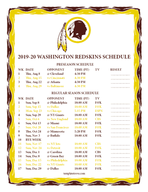 Washington Redskins 2019-20 Printable Schedule - Pacific Times
