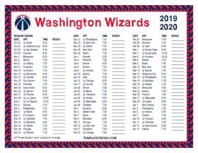 Washington Wizards 2019-20 Printable Schedule