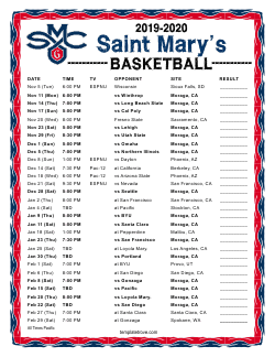 Printable 2019-20 Saint Mary's Gaels Basketball Schedule