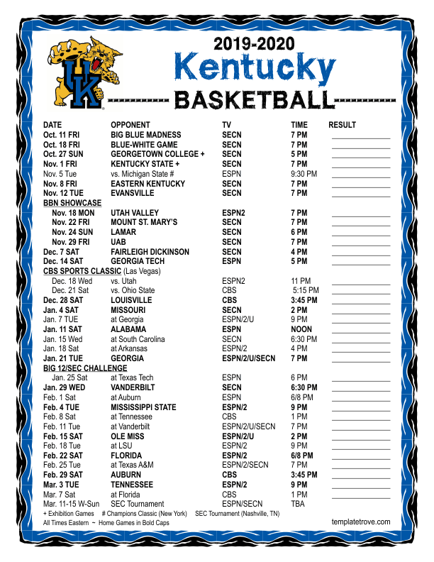 Ky Basketball Schedule 2022 Printable 2019-2020 Kentucky Wildcats Basketball Schedule