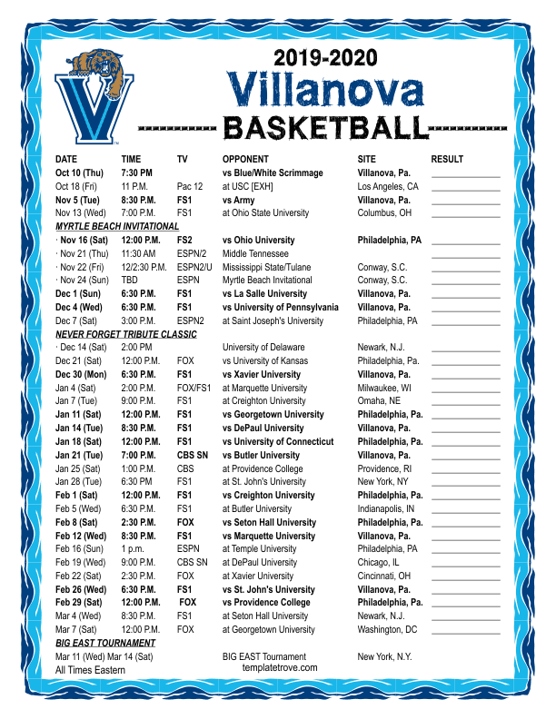 Printable 20192020 Villanova Wildcats Basketball Schedule