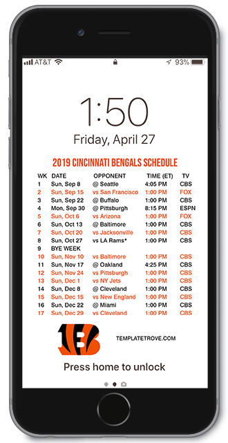 2019 Cincinnati Bengals Lock Screen Schedule