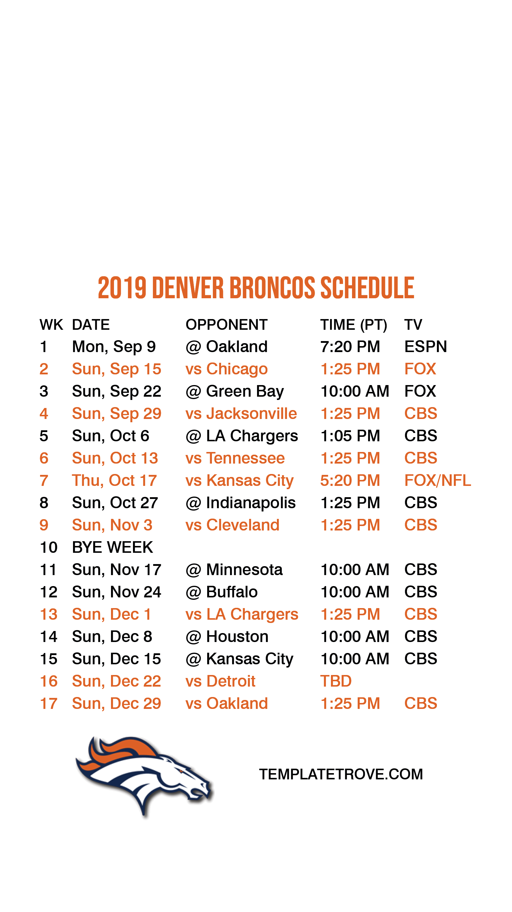 2019-2020 Denver Broncos Lock Screen Schedule for iPhone 6-7-8 Plus
