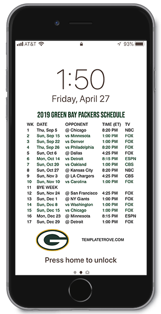 2019 Green Bay Packers Lock Screen Schedule