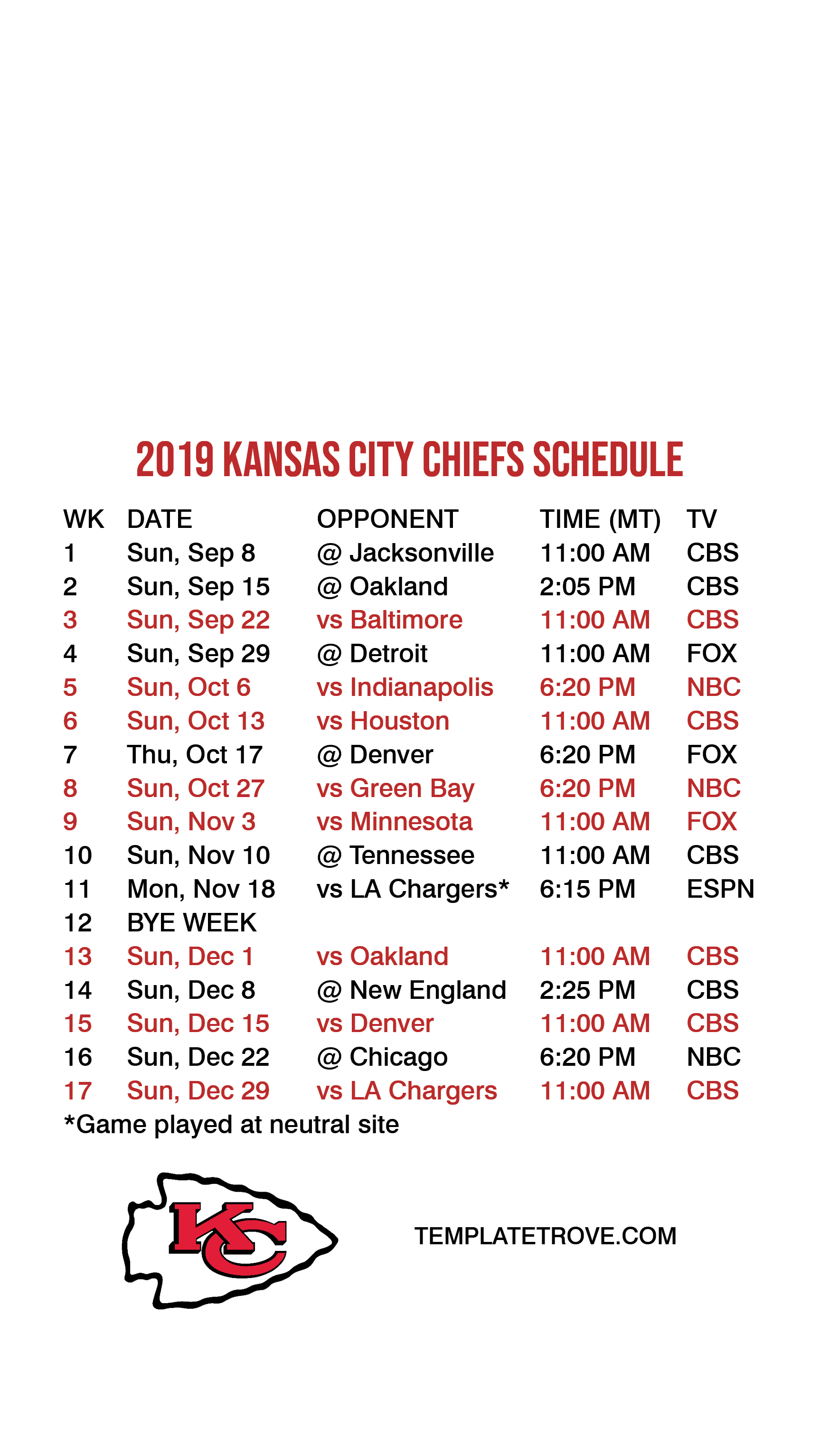 2019-2020 Kansas City Chiefs Lock Screen Schedule for iPhone 6-7-8 Plus