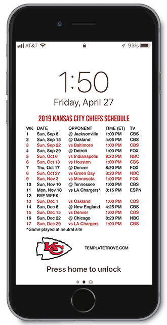 2019 Kansas City Chiefs Lock Screen Schedule