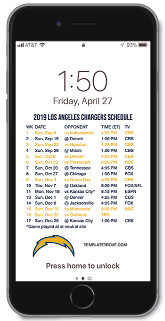 2019 Los Angeles Chargers Lock Screen Schedule