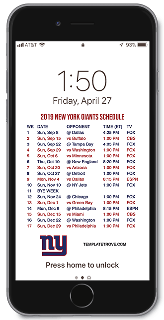 2019 New York Giants Lock Screen Schedule