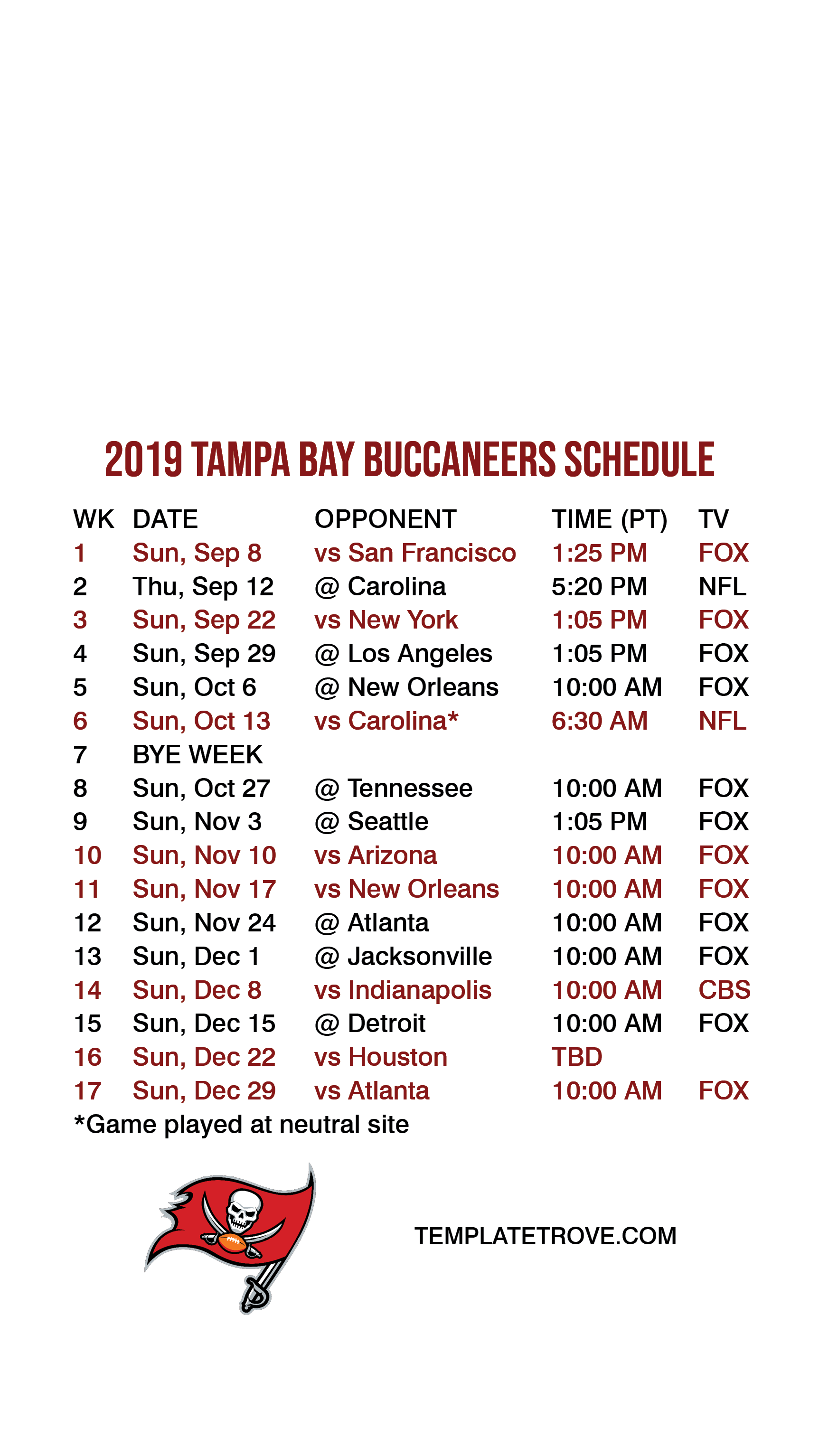 2019-2020 Tampa Bay Buccaneers Lock Screen Schedule for iPhone 6-7-8 Plus