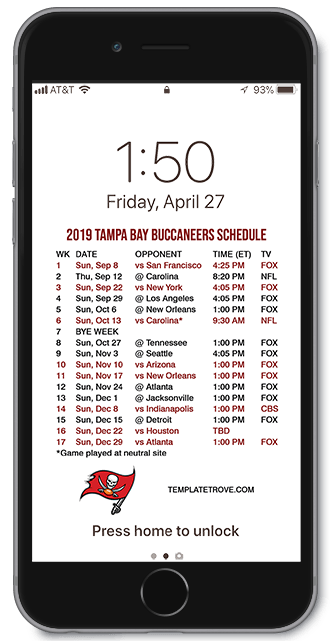 2019 Tampa Bay Buccaneers Lock Screen Schedule