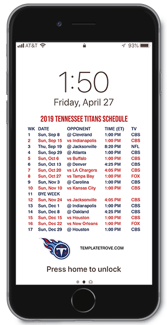 2019 Tennessee Titans Lock Screen Schedule