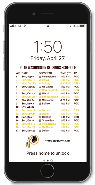 2019 Washington Redskins Lock Screen Schedule