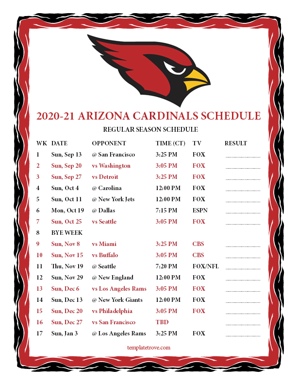 arizona cardinals 2020 schedule