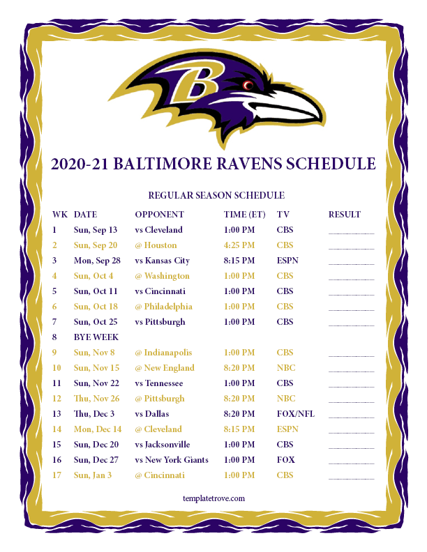 Printable 20202021 Baltimore Ravens Schedule