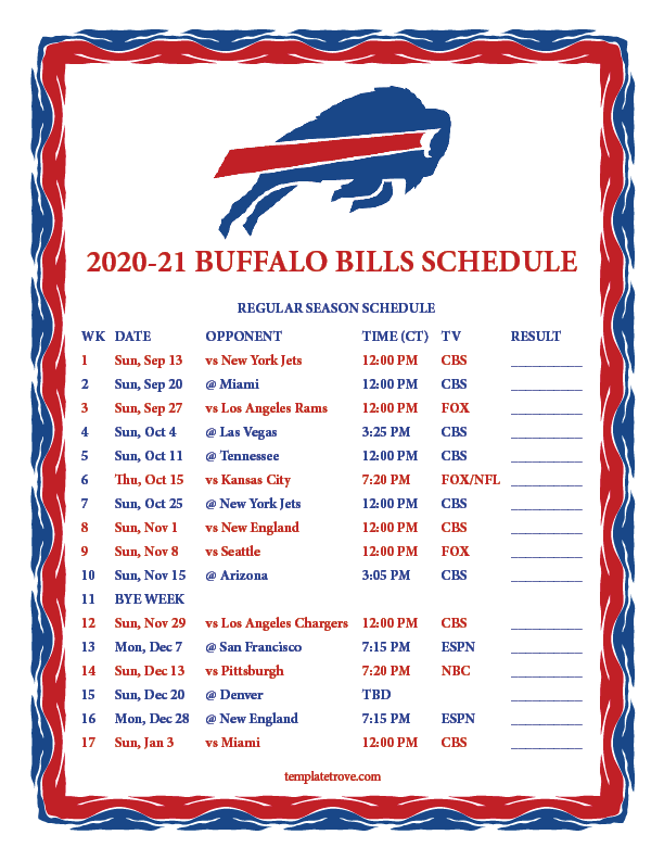 Printable 2020-2021 Buffalo Bills Schedule