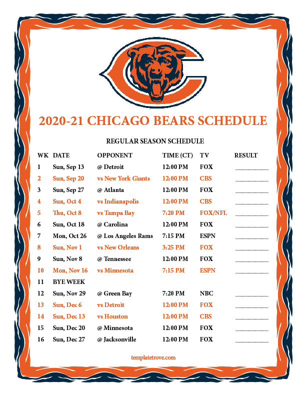 bears 2020 schedule