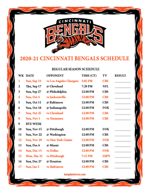 Cincinnati Bengals 2020-21 Printable Schedule - Central Times