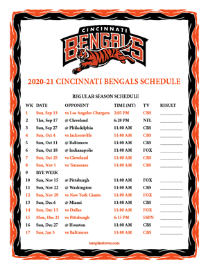 Cincinnati Bengals 2020-21 Printable Schedule - Mountain Times