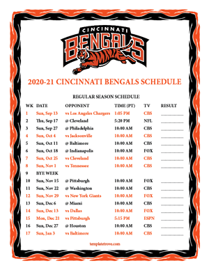 Cincinnati Bengals 2020-21 Printable Schedule - Pacific Times