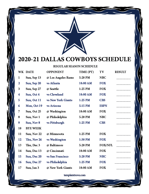 Printable 2020-2021 Dallas Cowboys Schedule
