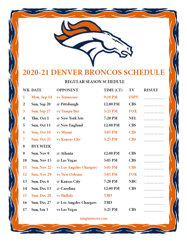 Printable 20202021 Denver Broncos Schedule