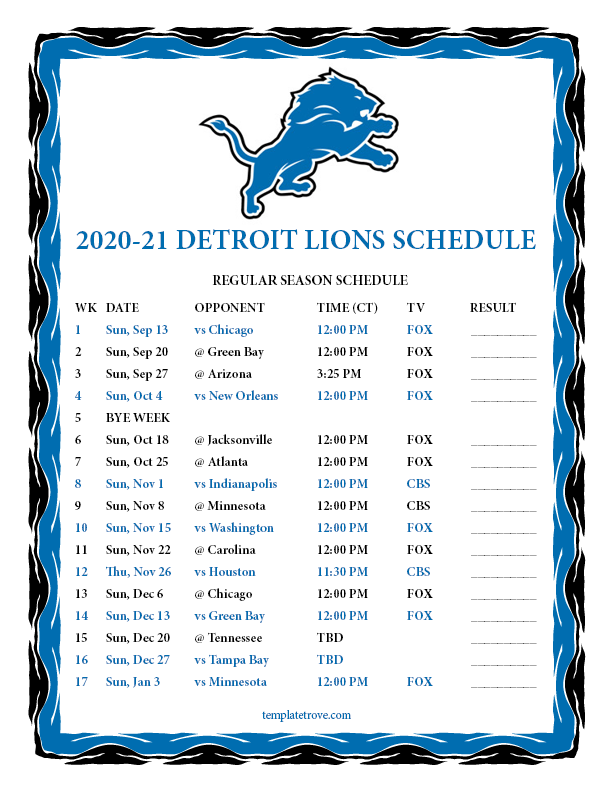 Printable 2020-2021 Detroit Lions Schedule