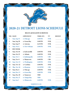 Detroit Lions 2020-21 Printable Schedule