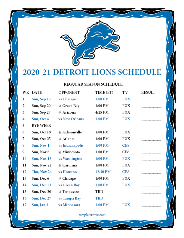 detroit lions 2020 football schedule
