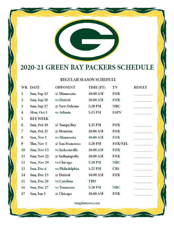 Printable 2020-2021 Green Bay Packers Schedule