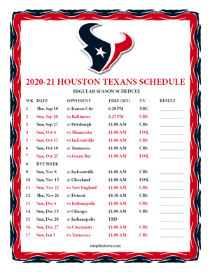 Houston Texans 2020-21 Printable Schedule - Mountain Times