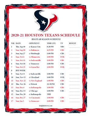 Houston Texans 2020-21 Printable Schedule