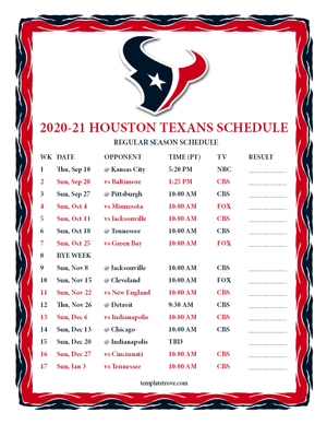 Houston Texans 2020-21 Printable Schedule - Pacific Times