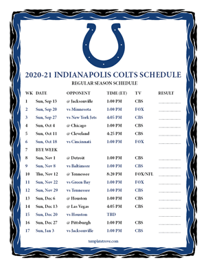 Indianapolis Colts 2020-21 Printable Schedule