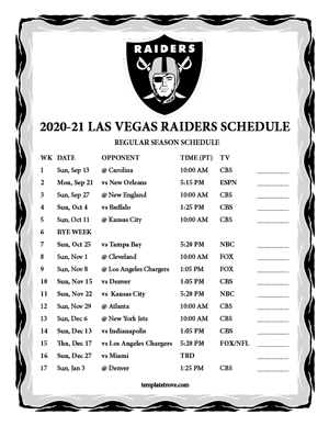 Las-Vegas Raiders 2019-20 Printable Schedule - Pacific Times