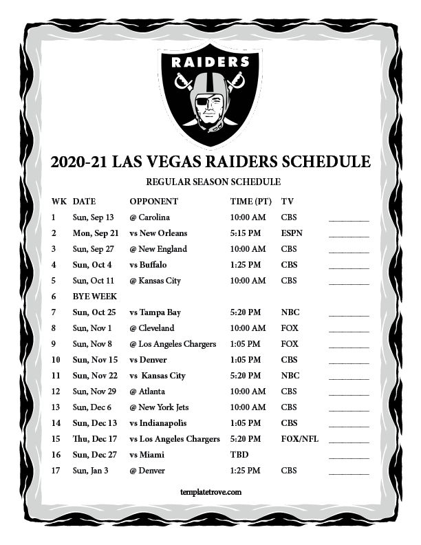 raiders schedule 2020