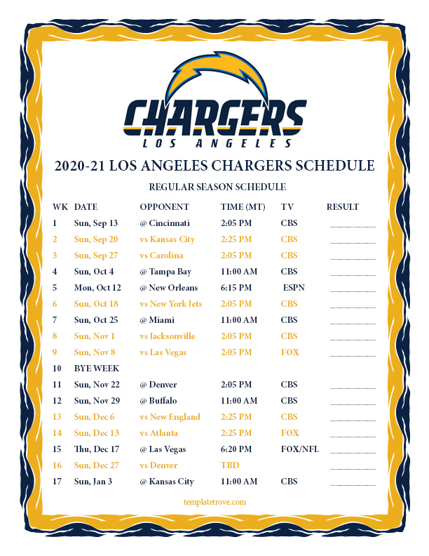 Printable 20202021 Los Angeles Chargers Schedule