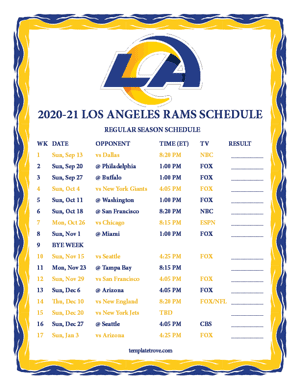 Los Angeles Rams 2020-21 Printable Schedule