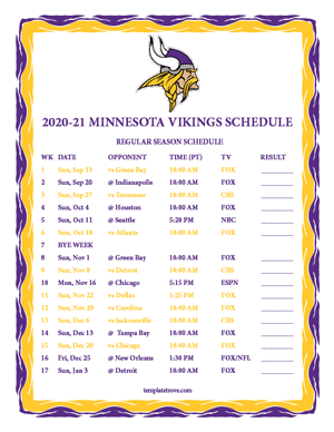 Minnesota Vikings 2020-21 Printable Schedule - Pacific Times