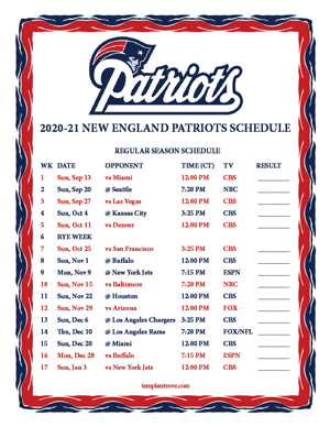 New England Patriots 2020-21 Printable Schedule - Central Times